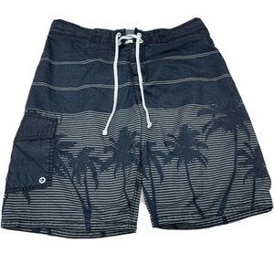 Old Navy Swim Trunks Shorts size M Gray Blue Palm Tree Tropical Print Tie Front